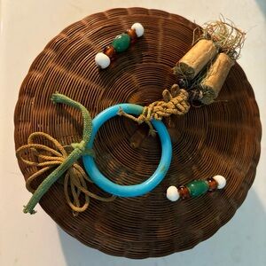 VTG Chinese wedding Sewing woven basket beaded tassels 6” lid fits nicely EUC